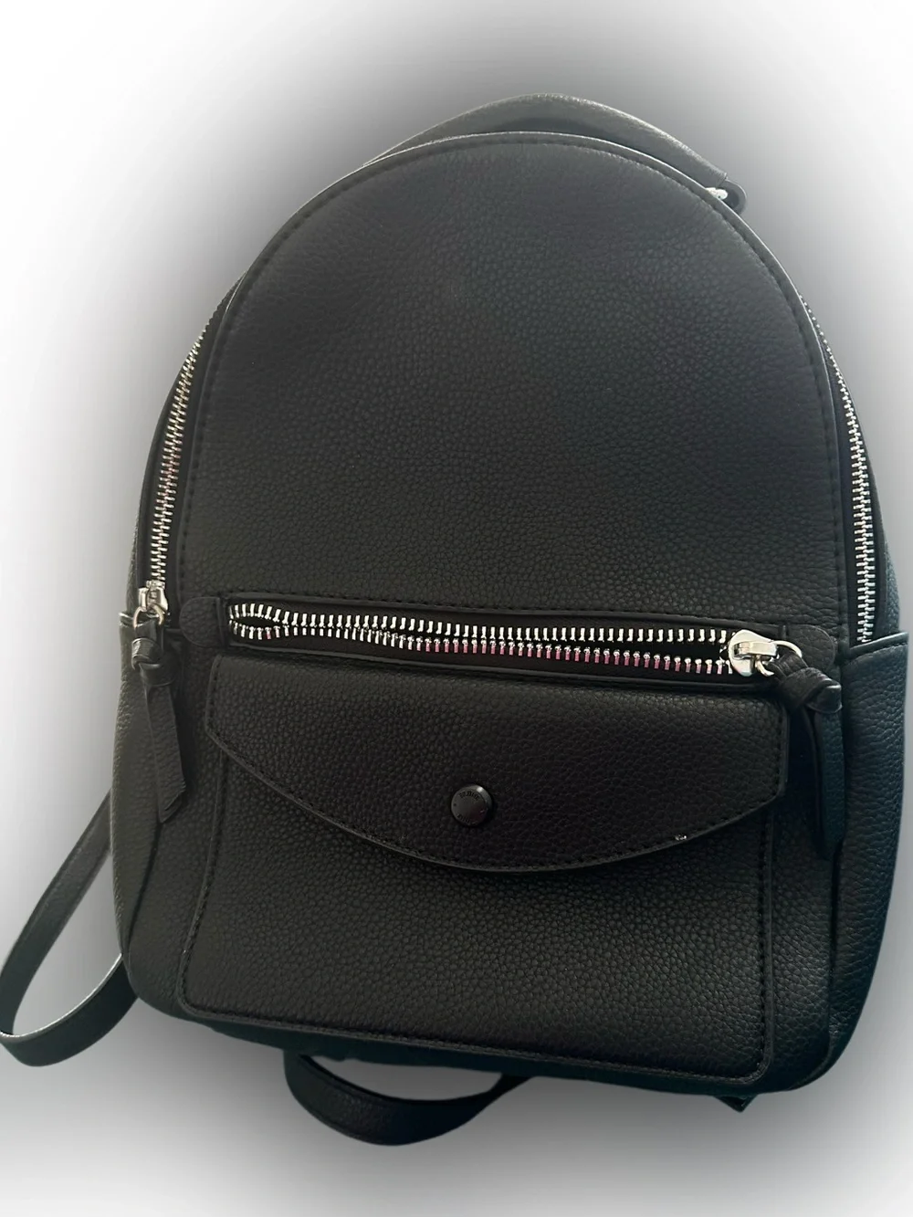 Prune Black Pebbled Leather Mini Backpack with Front Zip Pocket